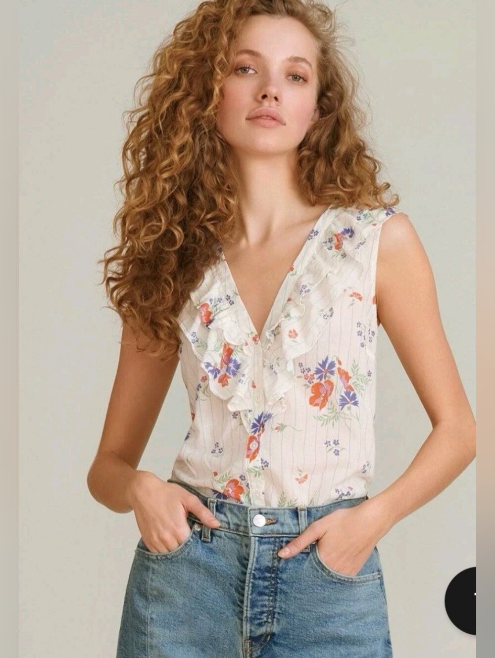 Veronica Beard Jeans Leina Floral & Stripe Ruffle Blouse. Size XS